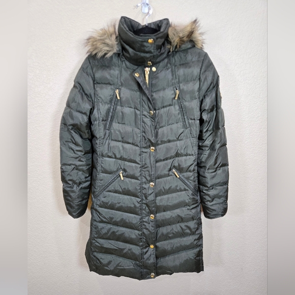 Michael Kors Puffer Dark Green Down Faux Fur Long Winter Jacket Size M - Picture 1 of 14